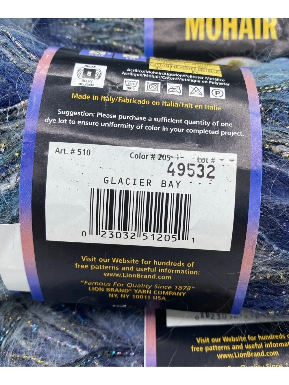 Lot Of 10 Skeins Lion Brand Yarn Moonlight Mohair Blue Glacier Bay Italy